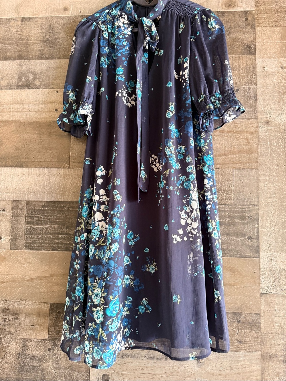 DKNY Navy Floral Tie-Neck Midi Dress - Picture 2 of 8